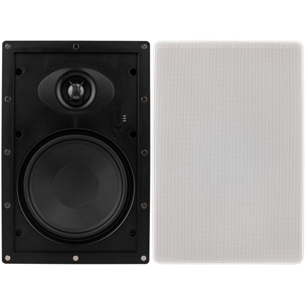 Detailed view of speaker pair with grille on and grille off